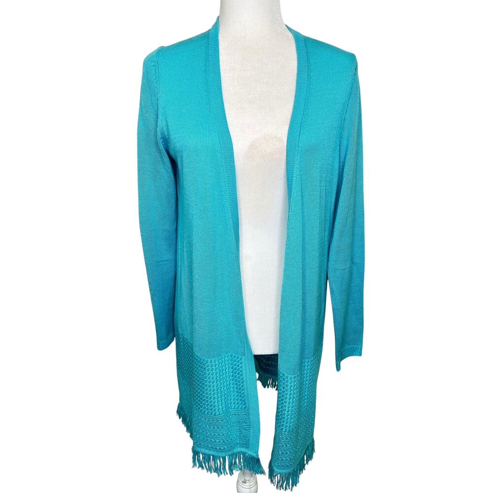 Talbots Teal Blue Textured Fringe Open Front Long Sleeve Cardigan